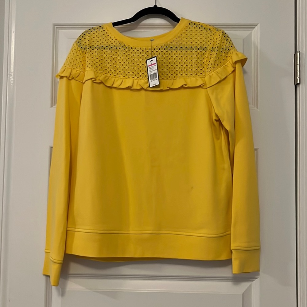 Bright yellow Crown and Ivy sweatshirt from Belk, eyelet detailing on top